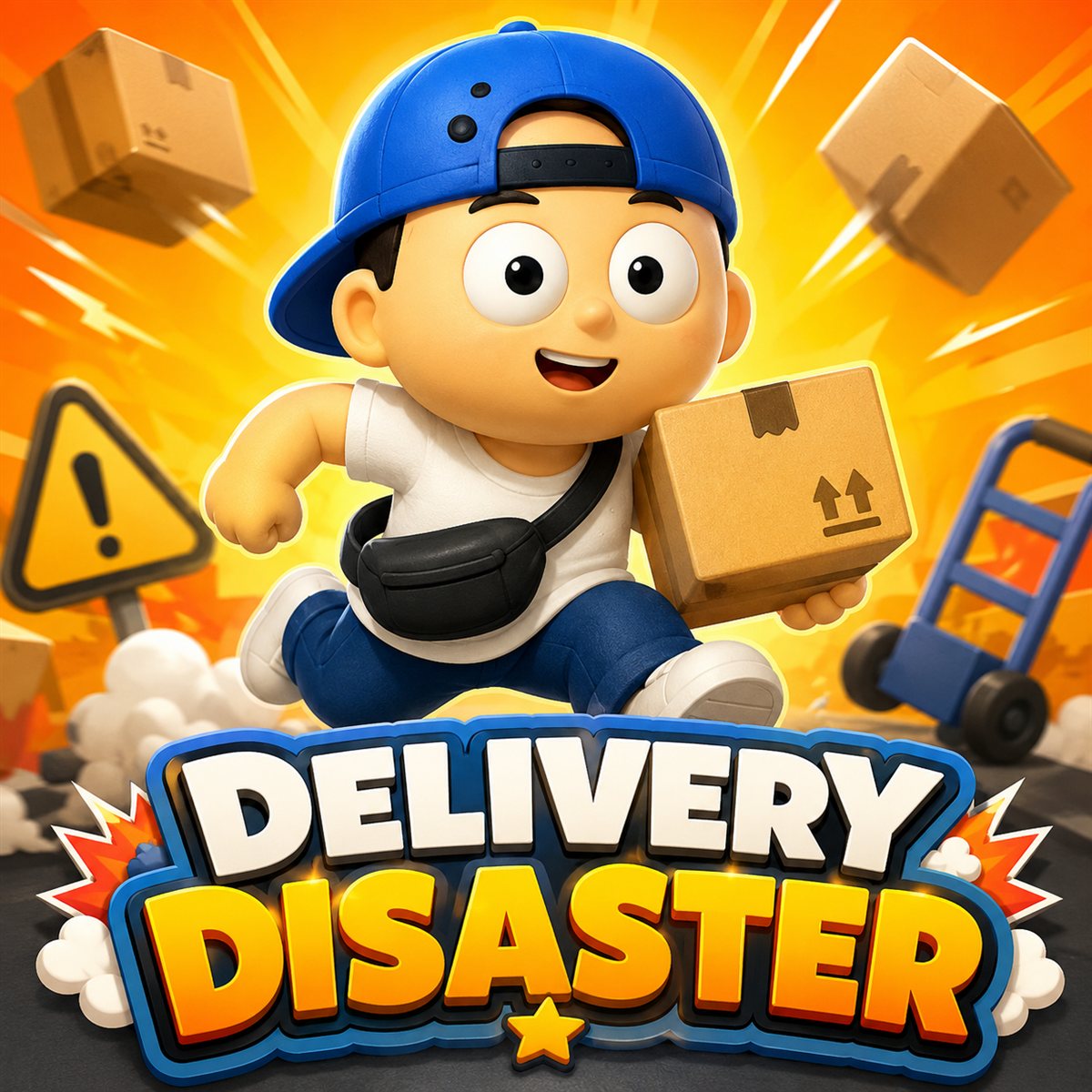 Delivery Disaster cover art: a wide-eyed cartoon courier in a blue cap sprinting through flying boxes with one precious parcel underarm